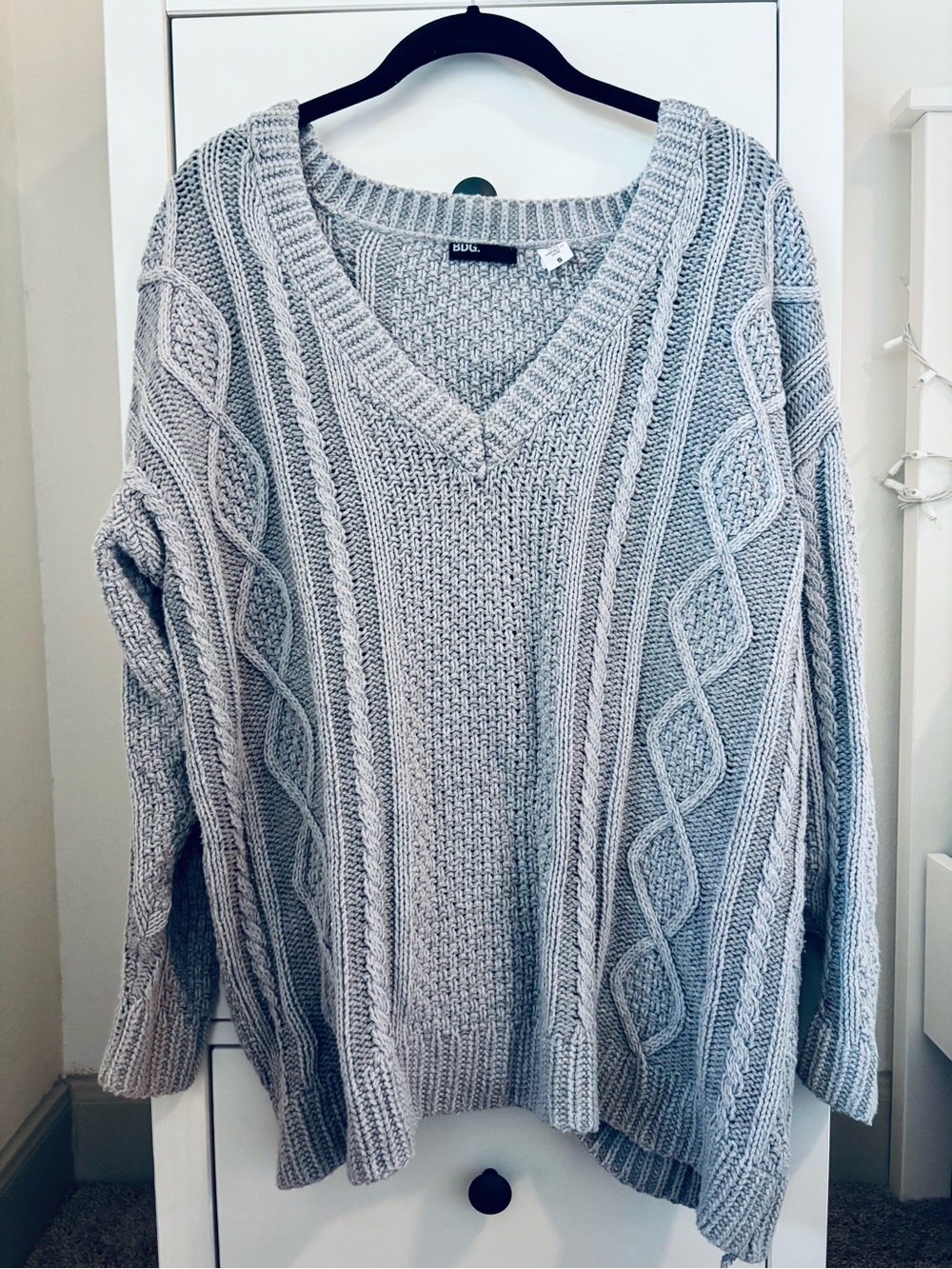 Gray Cable Knit V-Neck Sweater
